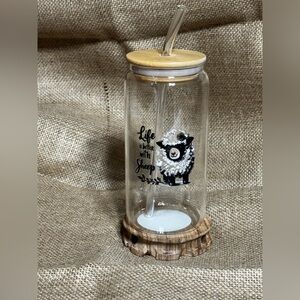 Glass Tumbler with Sheep Design and Bamboo Lid